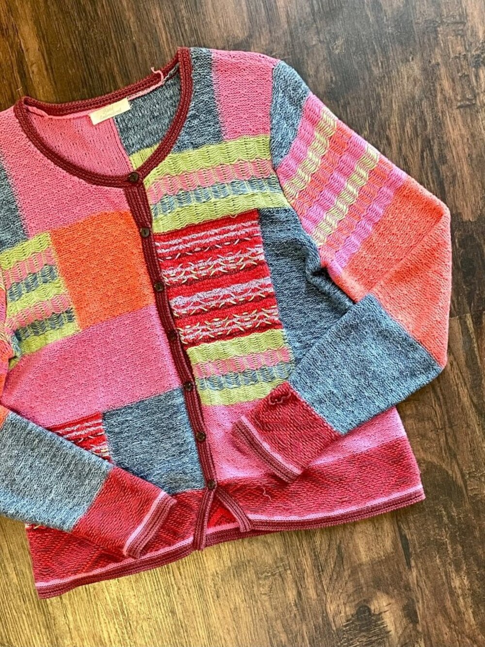 Vintage 1990s Colorful Hand Knit Patchwork Embroidered 3D Knit Cardigan Sweater - Picture 3 of 13
